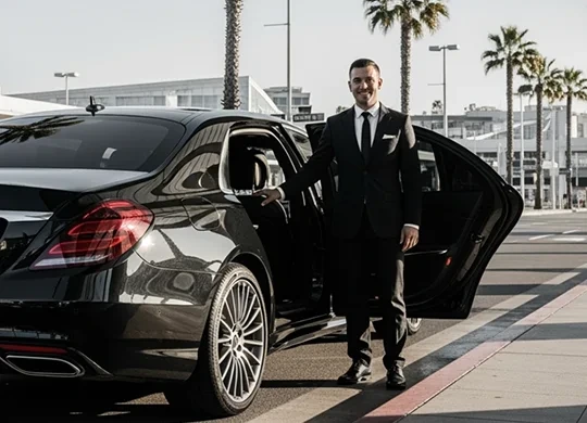 Private chauffeur beside a premium Mercedes sedan